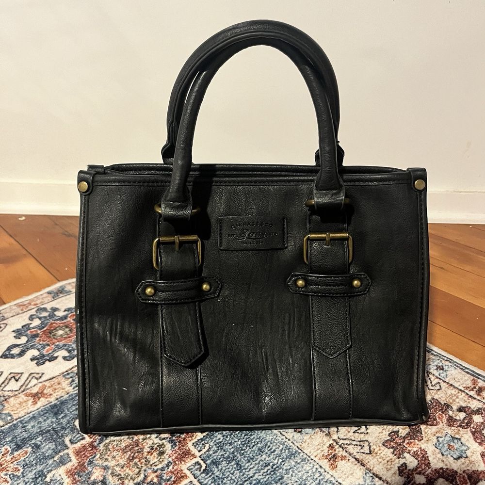 G.H. Bass & Co Black Vegan Leather Tote Handbag Purse Brass Hardware 13x10x6